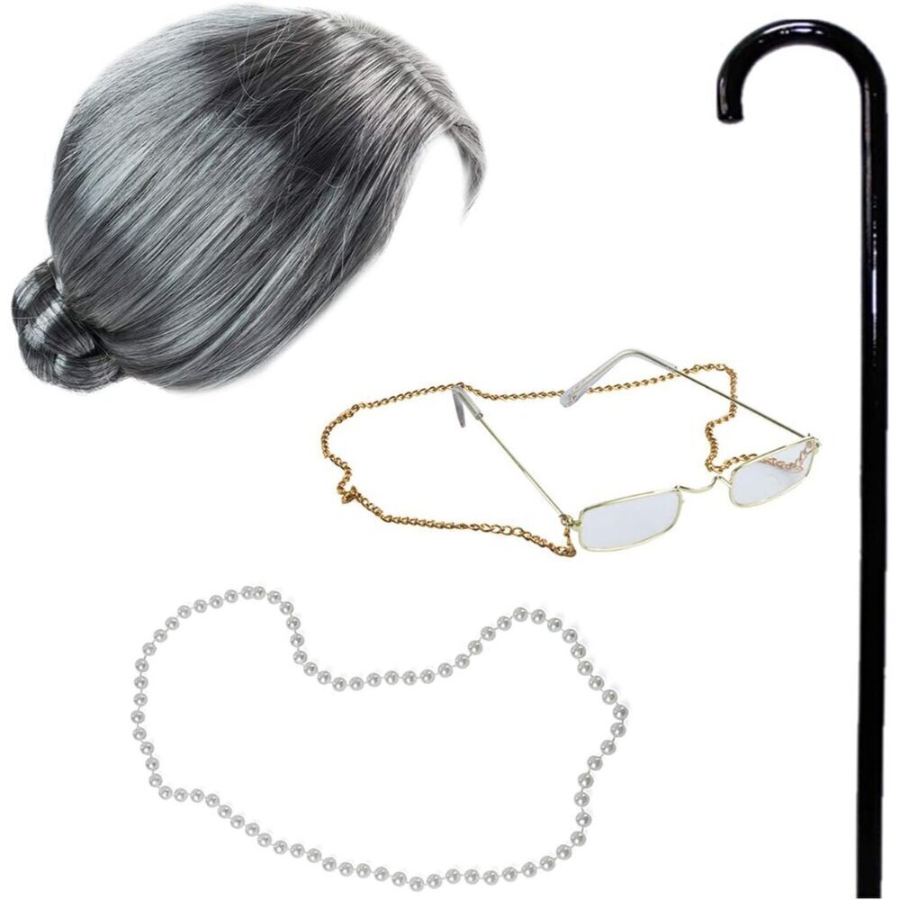 Old Lady Costume Set Accessories including Wig Necklace Glasses Cane